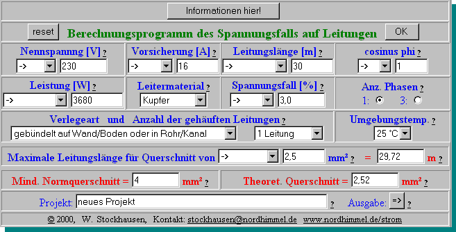 Screenshot des Berechnungsprogramms